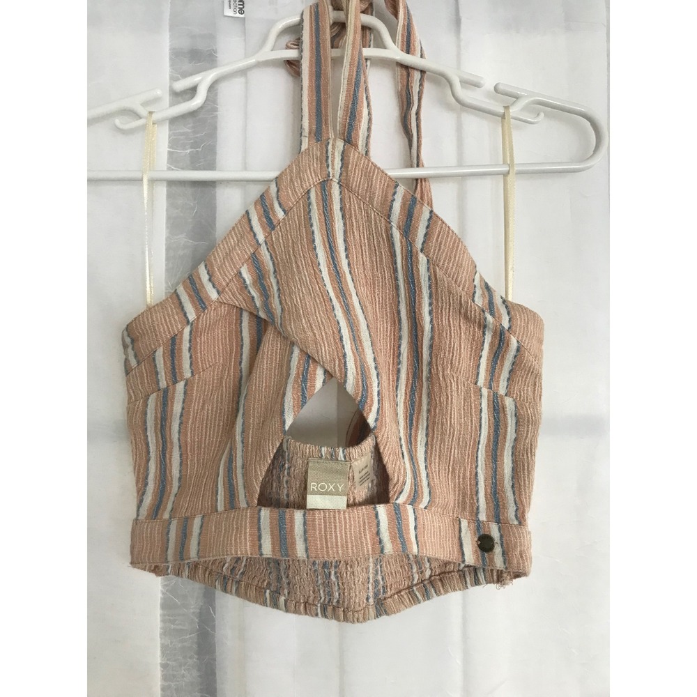 Roxy Womens Peach Blue Striped Halter‎ Crop Top Smocked Back Keyhole Small